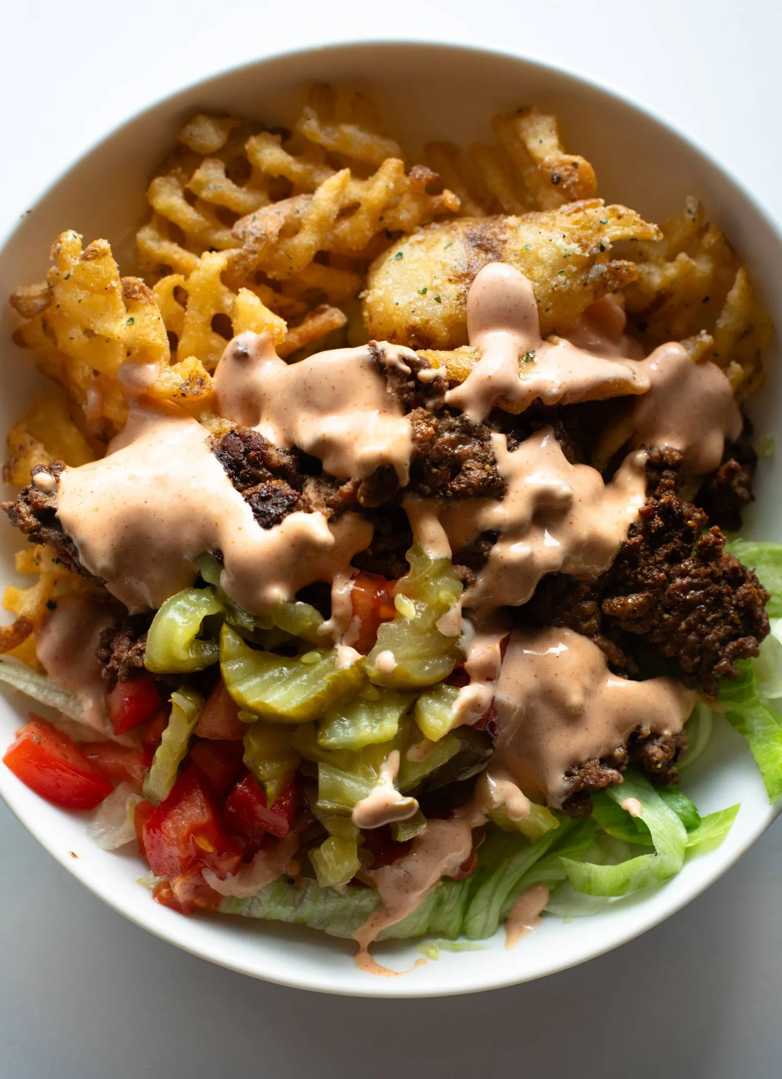 Burger Bowls with House Sauce and Ranch Fries
