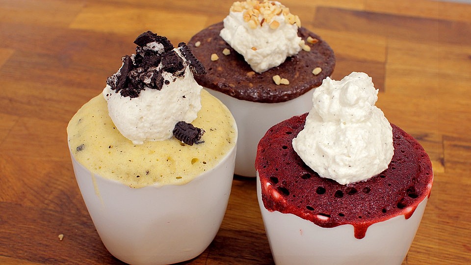 3 Tassenkuchen-Varianten: Oreo, Nutella, Red Velvet
