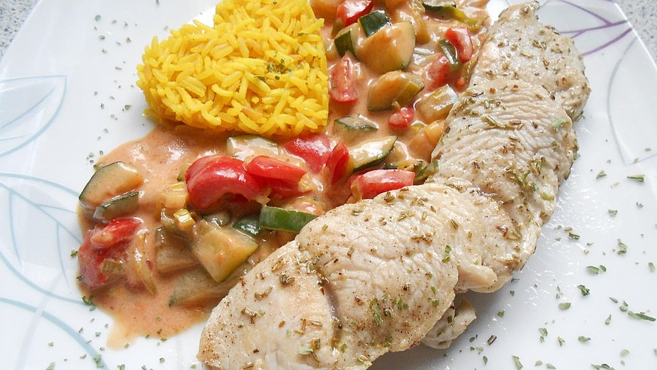Putenmedaillons in cremiger Gemüsesauce mit Gelbreis