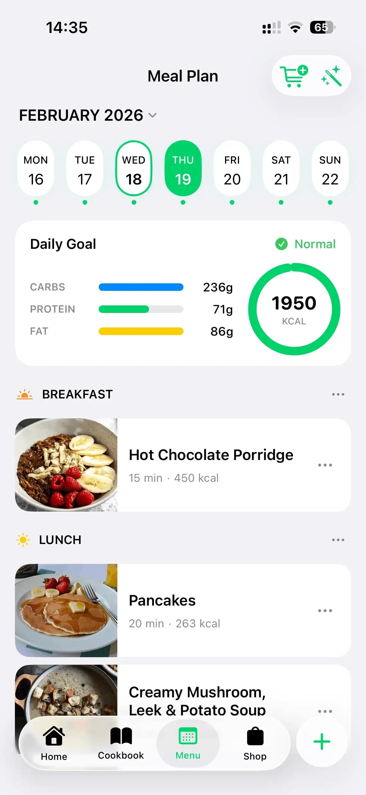 Meal planning app interface